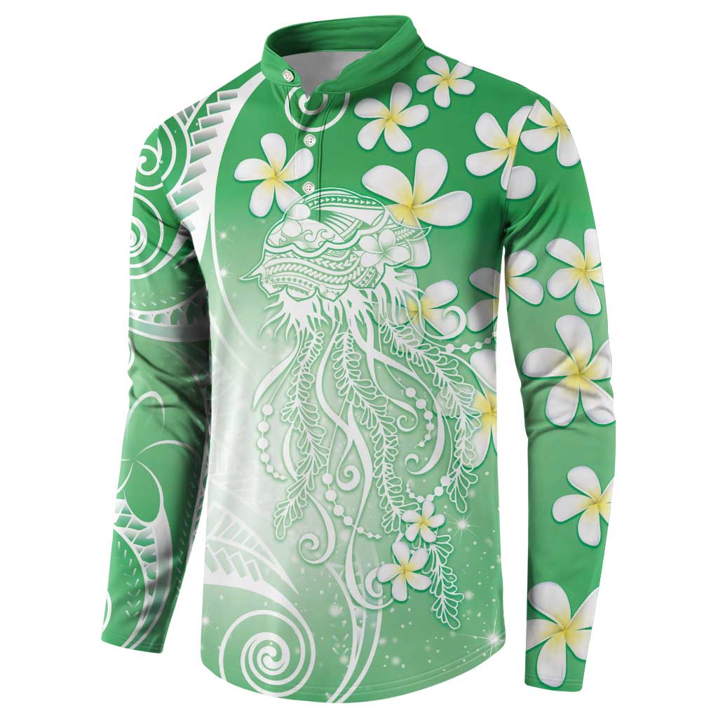 Polynesian Jellyfish Button Sweatshirt With Plumeria Green