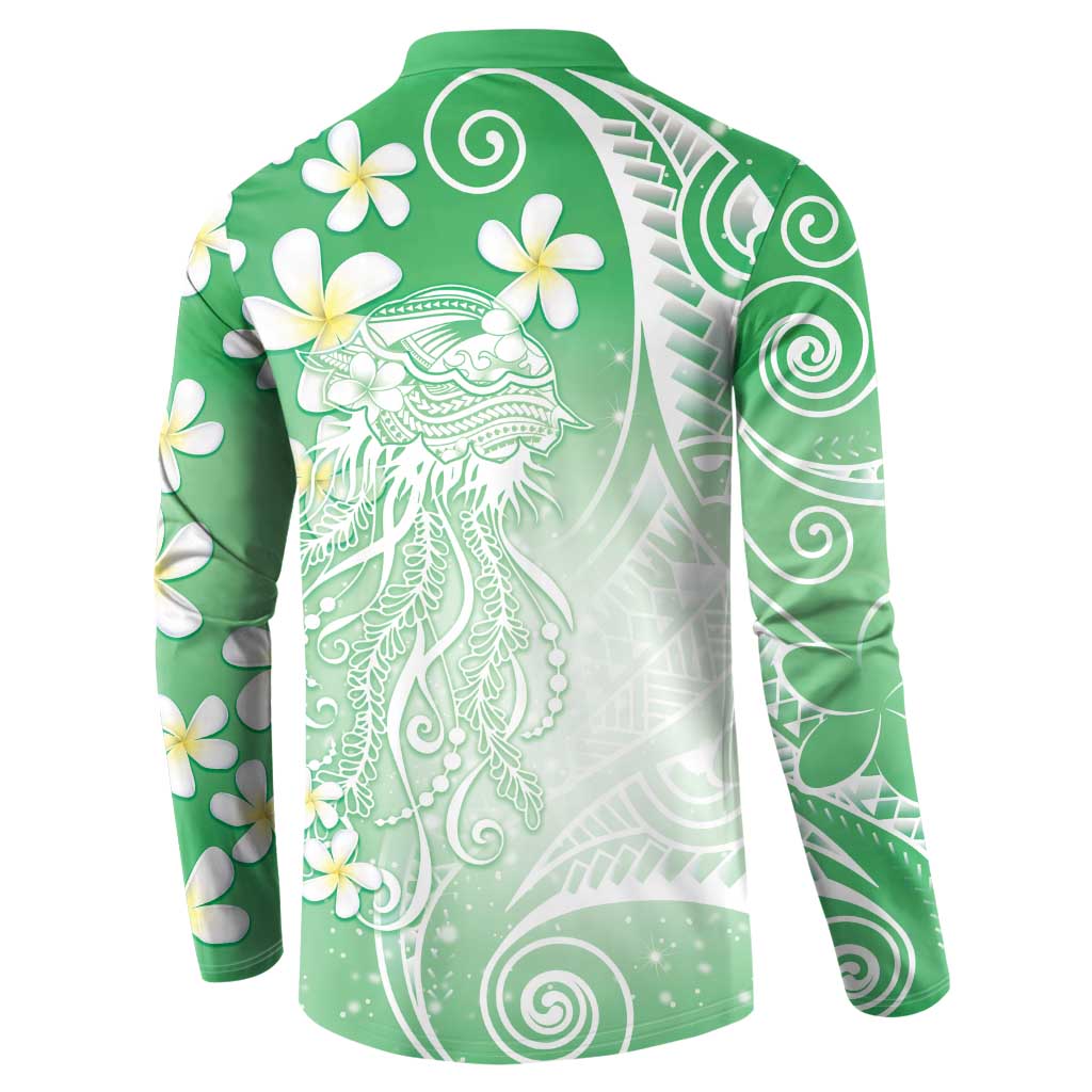 Polynesian Jellyfish Button Sweatshirt With Plumeria Green