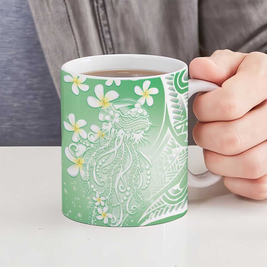 Polynesian Jellyfish Ceramic Mug With Plumeria Green