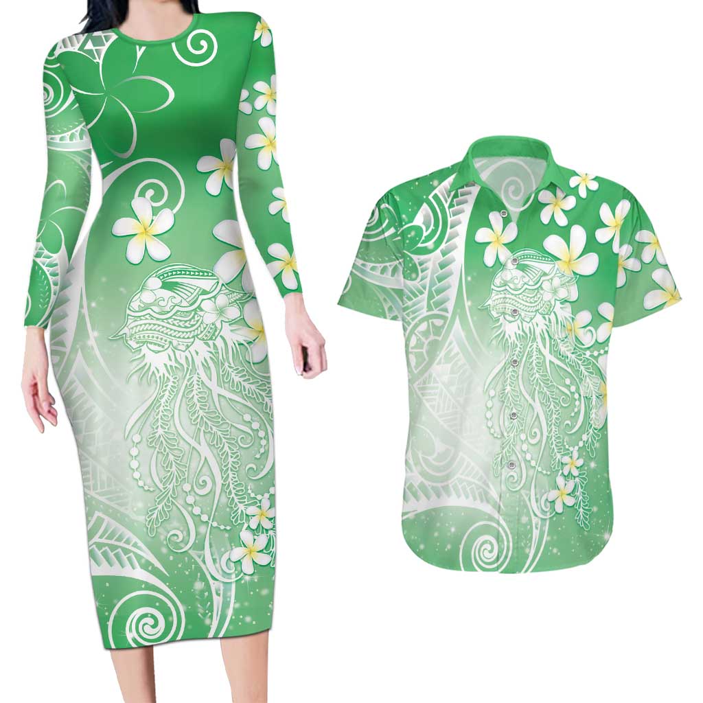 Polynesian Jellyfish Couples Matching Long Sleeve Bodycon Dress and Hawaiian Shirt With Plumeria Green