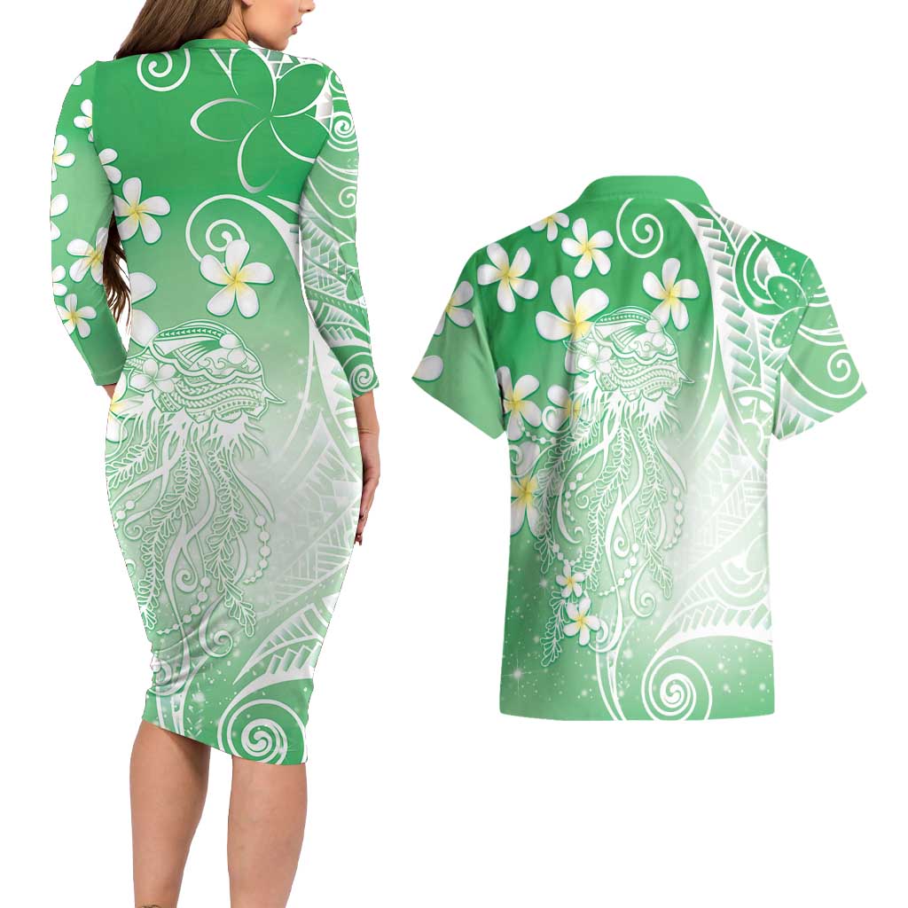 Polynesian Jellyfish Couples Matching Long Sleeve Bodycon Dress and Hawaiian Shirt With Plumeria Green