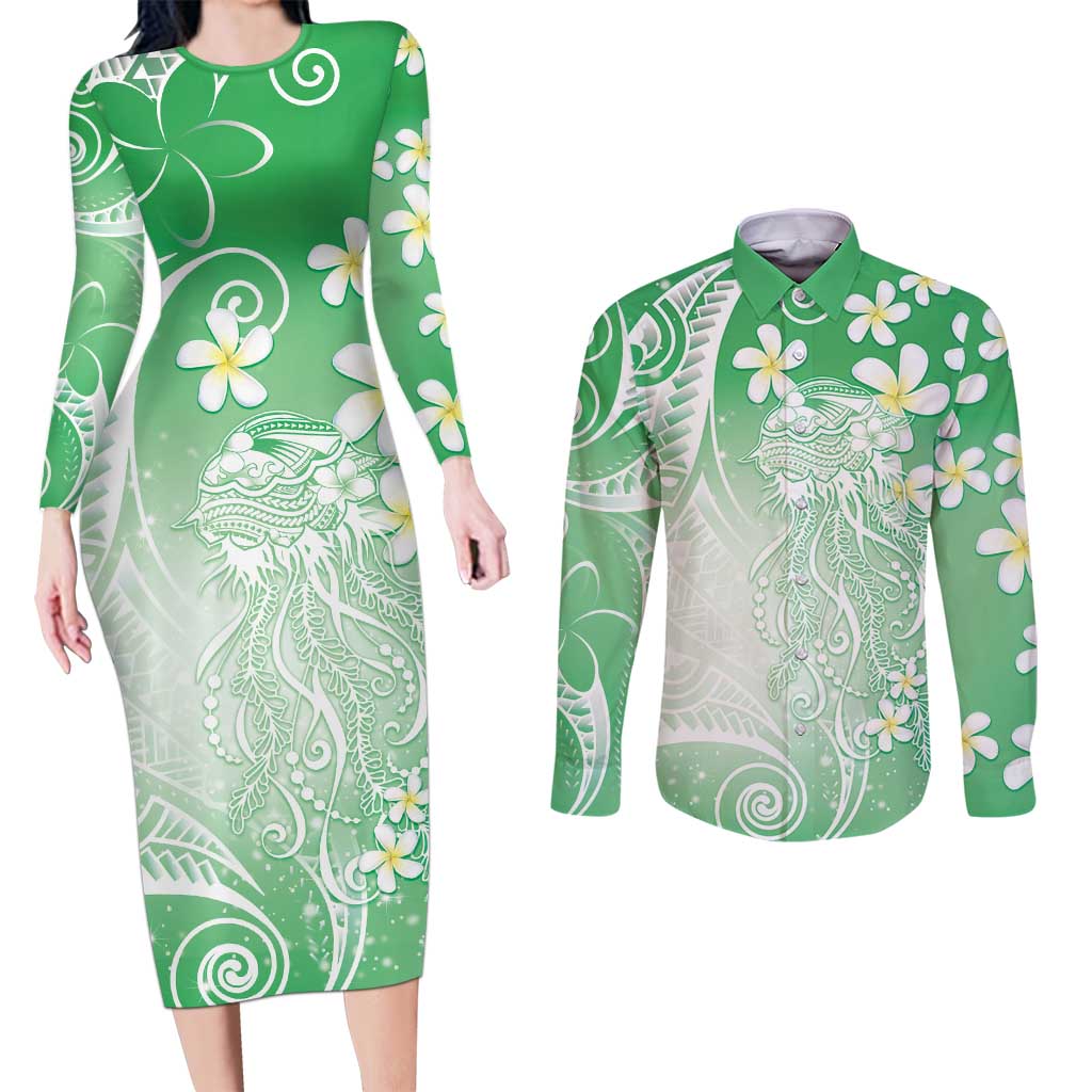 Polynesian Jellyfish Couples Matching Long Sleeve Bodycon Dress and Long Sleeve Button Shirt With Plumeria Green