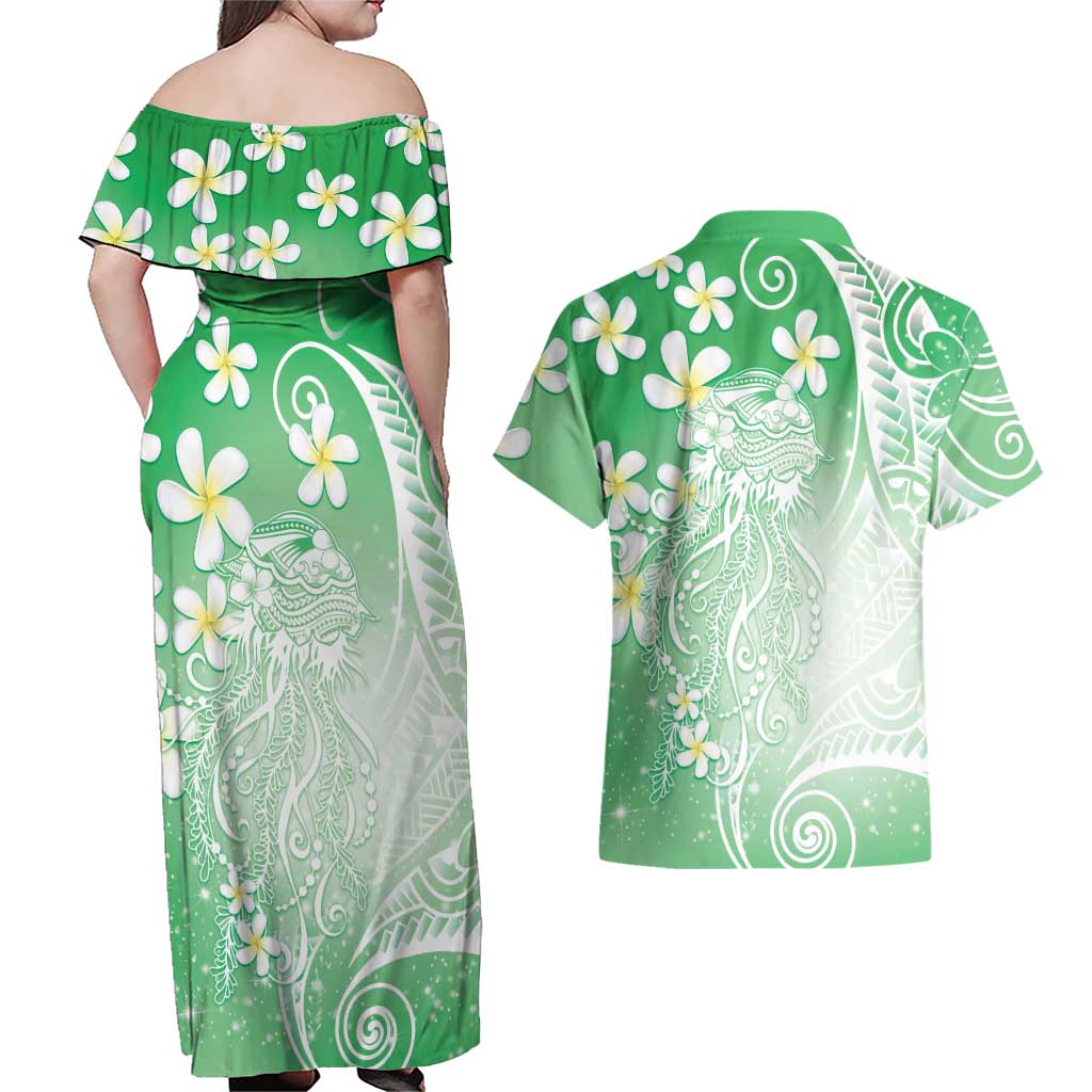 Polynesian Jellyfish Couples Matching Off Shoulder Maxi Dress and Hawaiian Shirt With Plumeria Green