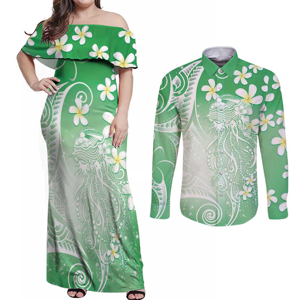 Polynesian Jellyfish Couples Matching Off Shoulder Maxi Dress and Long Sleeve Button Shirt With Plumeria Green