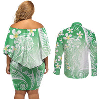 Polynesian Jellyfish Couples Matching Off Shoulder Short Dress and Long Sleeve Button Shirt With Plumeria Green