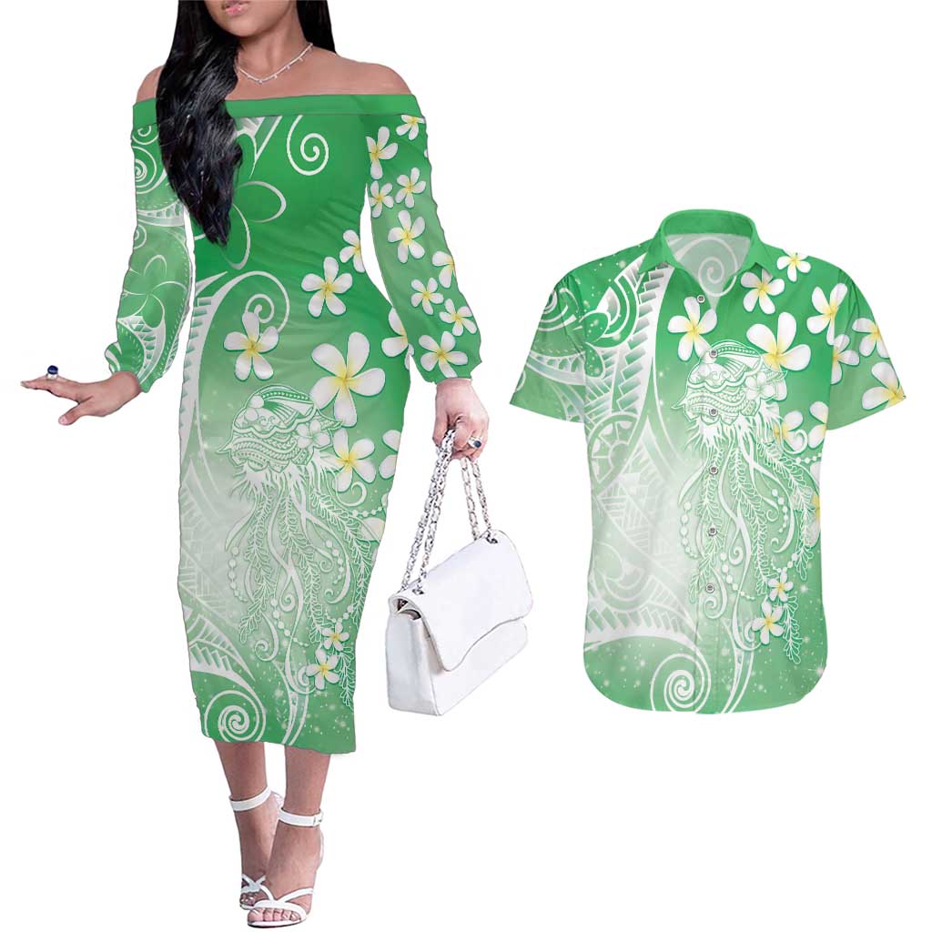 Polynesian Jellyfish Couples Matching Off The Shoulder Long Sleeve Dress and Hawaiian Shirt With Plumeria Green