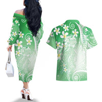 Polynesian Jellyfish Couples Matching Off The Shoulder Long Sleeve Dress and Hawaiian Shirt With Plumeria Green