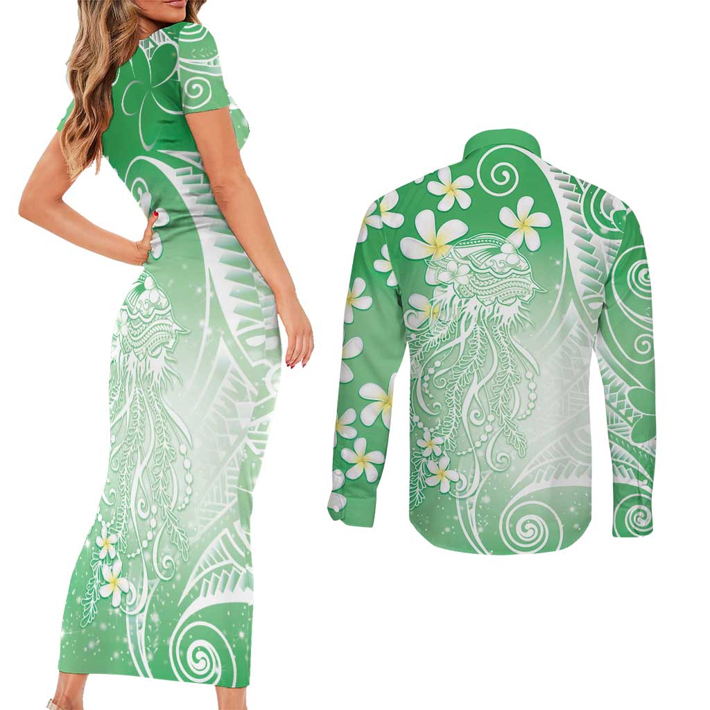 Polynesian Jellyfish Couples Matching Short Sleeve Bodycon Dress and Long Sleeve Button Shirt With Plumeria Green