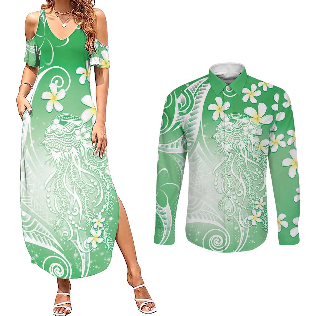 Polynesian Jellyfish Couples Matching Summer Maxi Dress and Long Sleeve Button Shirt With Plumeria Green