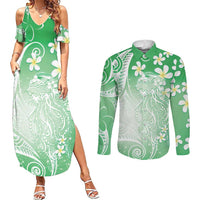 Polynesian Jellyfish Couples Matching Summer Maxi Dress and Long Sleeve Button Shirt With Plumeria Green