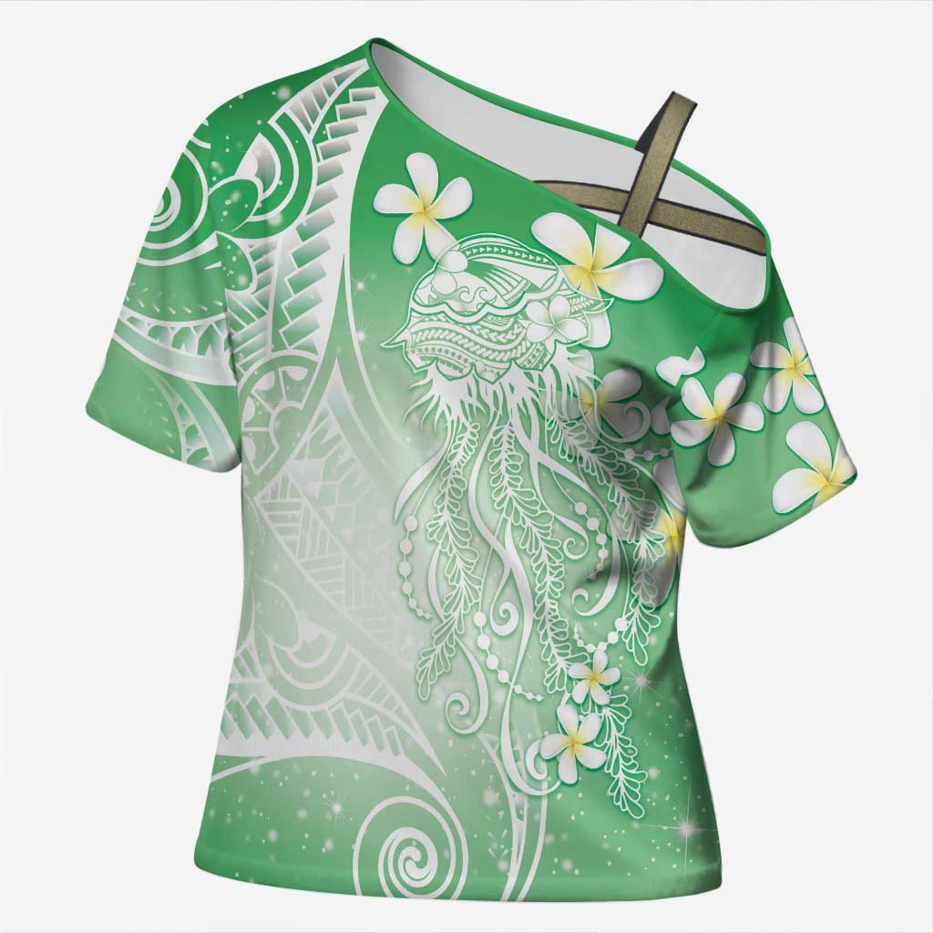 Polynesian Jellyfish Cross Shoulder Shirt With Plumeria Green