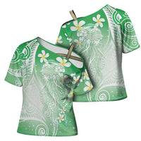 Polynesian Jellyfish Cross Shoulder Shirt With Plumeria Green