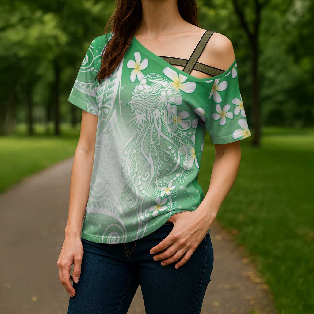 Polynesian Jellyfish Cross Shoulder Shirt With Plumeria Green