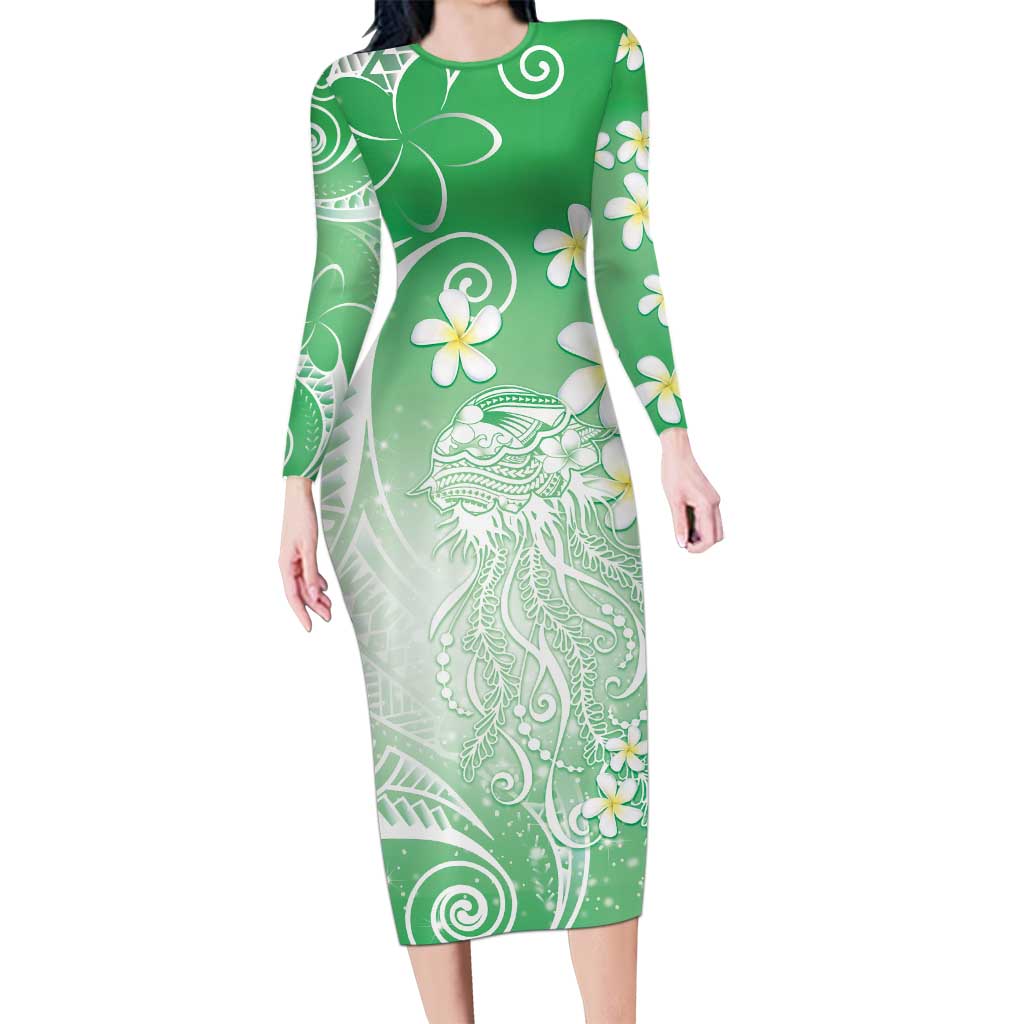 Polynesian Jellyfish Family Matching Long Sleeve Bodycon Dress and Hawaiian Shirt With Plumeria Green LT05 Mom's Dress Green - Polynesian Pride