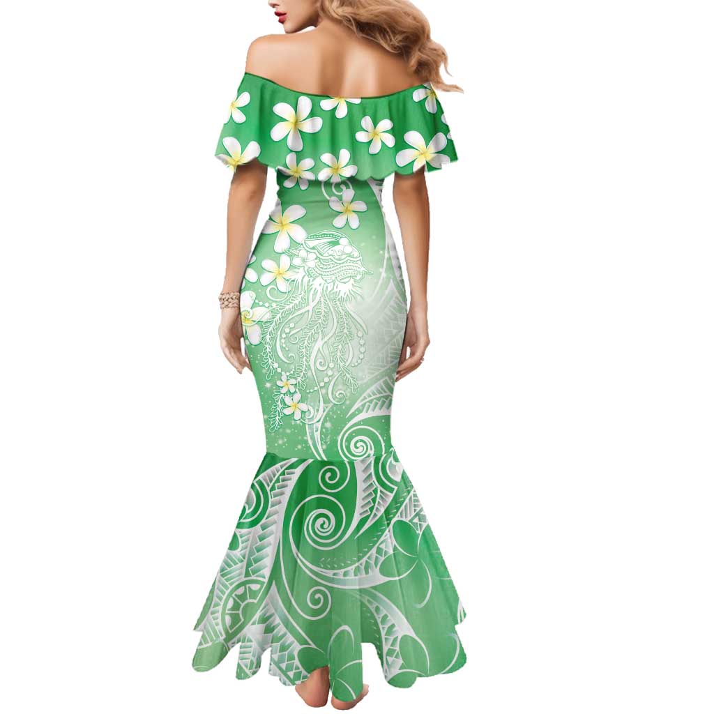 Polynesian Jellyfish Family Matching Mermaid Dress and Hawaiian Shirt With Plumeria Green LT05 - Polynesian Pride