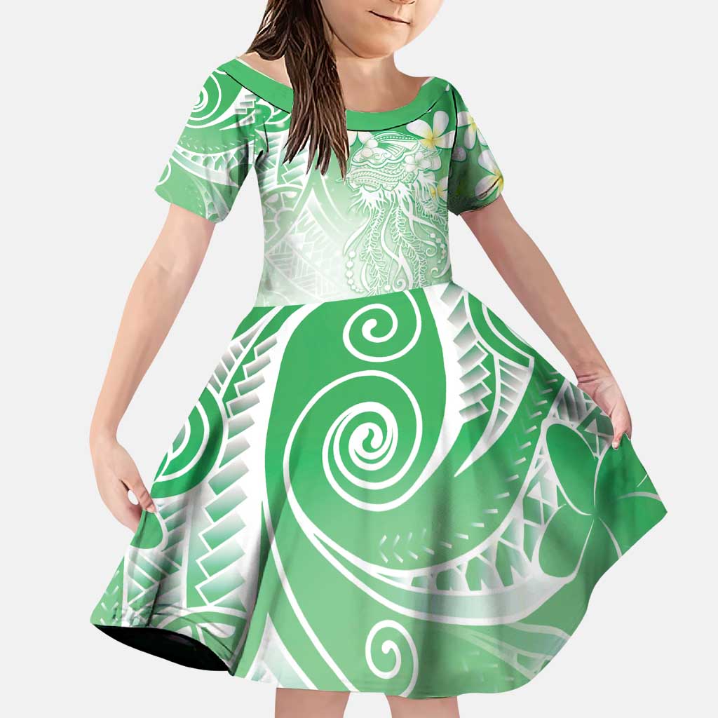 Polynesian Jellyfish Family Matching Off The Shoulder Long Sleeve Dress and Hawaiian Shirt With Plumeria Green LT05 Daughter's Dress Green - Polynesian Pride