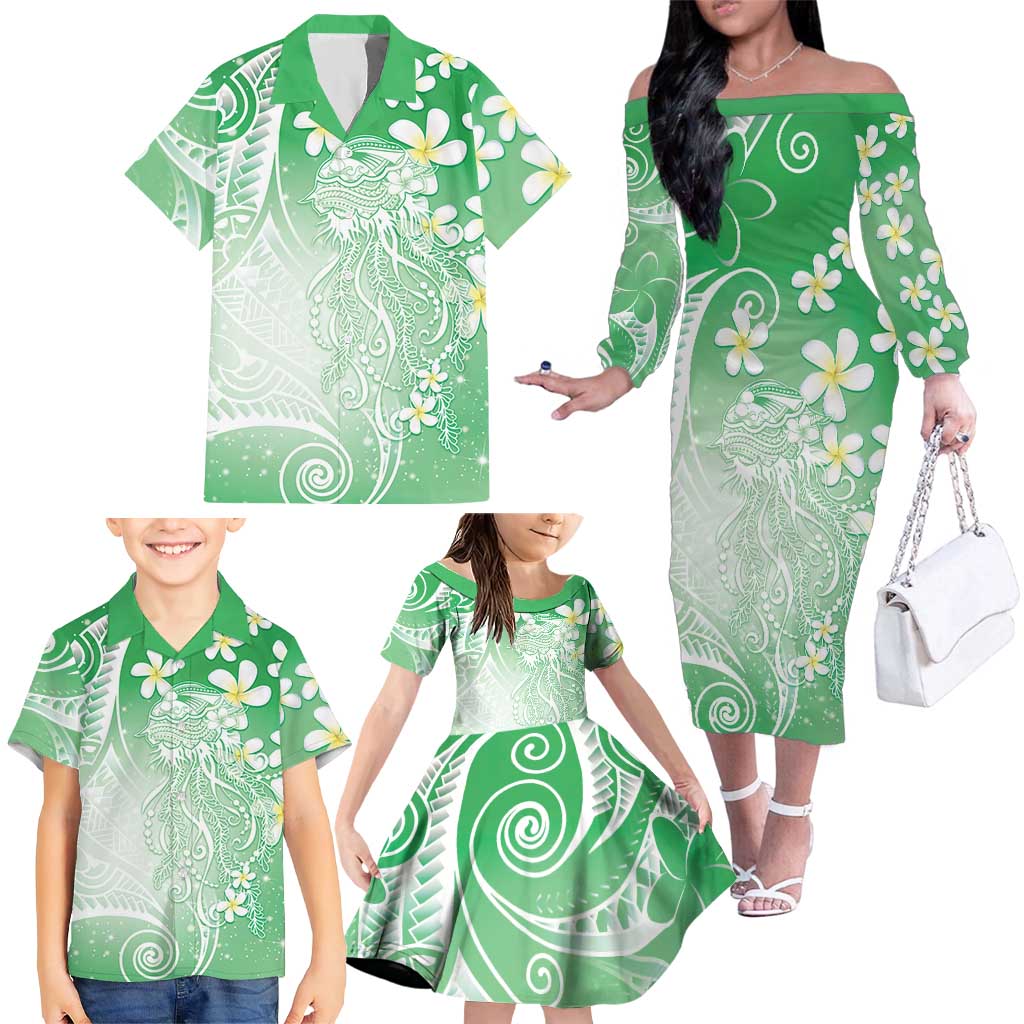 Polynesian Jellyfish Family Matching Off The Shoulder Long Sleeve Dress and Hawaiian Shirt With Plumeria Green