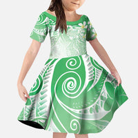 Polynesian Jellyfish Family Matching Off Shoulder Maxi Dress and Hawaiian Shirt With Plumeria Green LT05 Daughter's Dress Green - Polynesian Pride