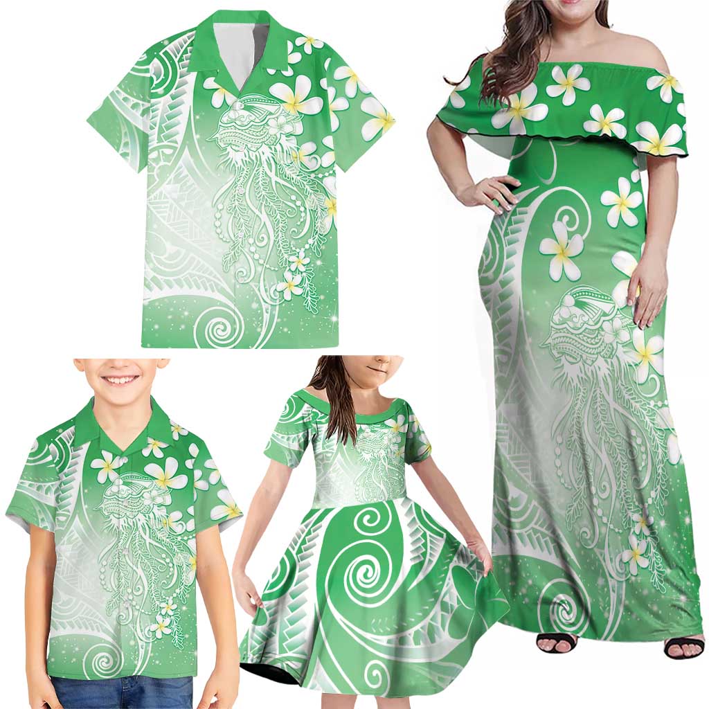 Polynesian Jellyfish Family Matching Off Shoulder Maxi Dress and Hawaiian Shirt With Plumeria Green LT05 - Polynesian Pride