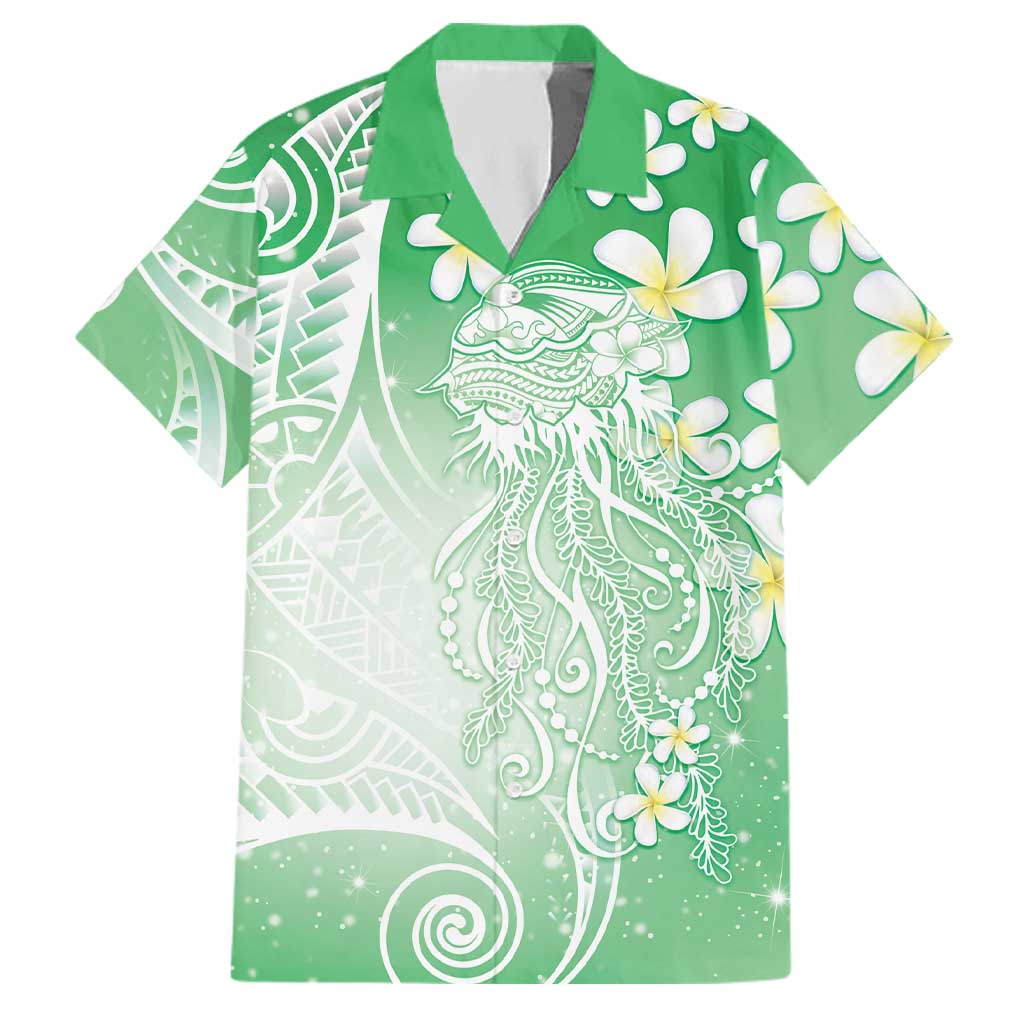 Polynesian Jellyfish Family Matching Off Shoulder Maxi Dress and Hawaiian Shirt With Plumeria Green LT05 Dad's Shirt - Short Sleeve Green - Polynesian Pride