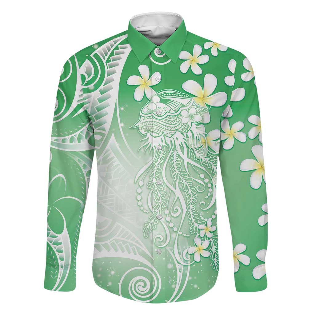 Polynesian Jellyfish Family Matching Off Shoulder Maxi Dress and Hawaiian Shirt With Plumeria Green LT05 Dad's Shirt - Long Sleeve Green - Polynesian Pride