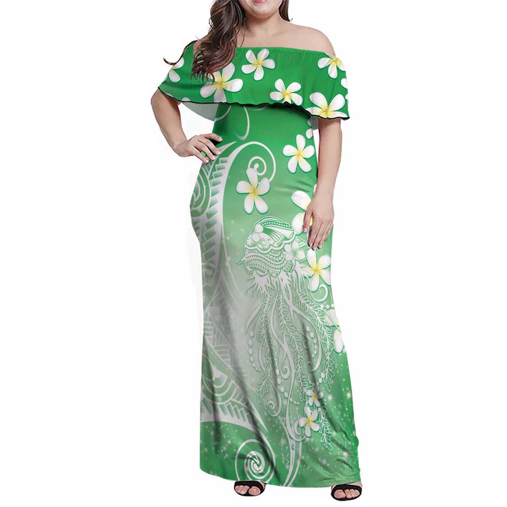 Polynesian Jellyfish Family Matching Off Shoulder Maxi Dress and Hawaiian Shirt With Plumeria Green LT05 Mom's Dress Green - Polynesian Pride