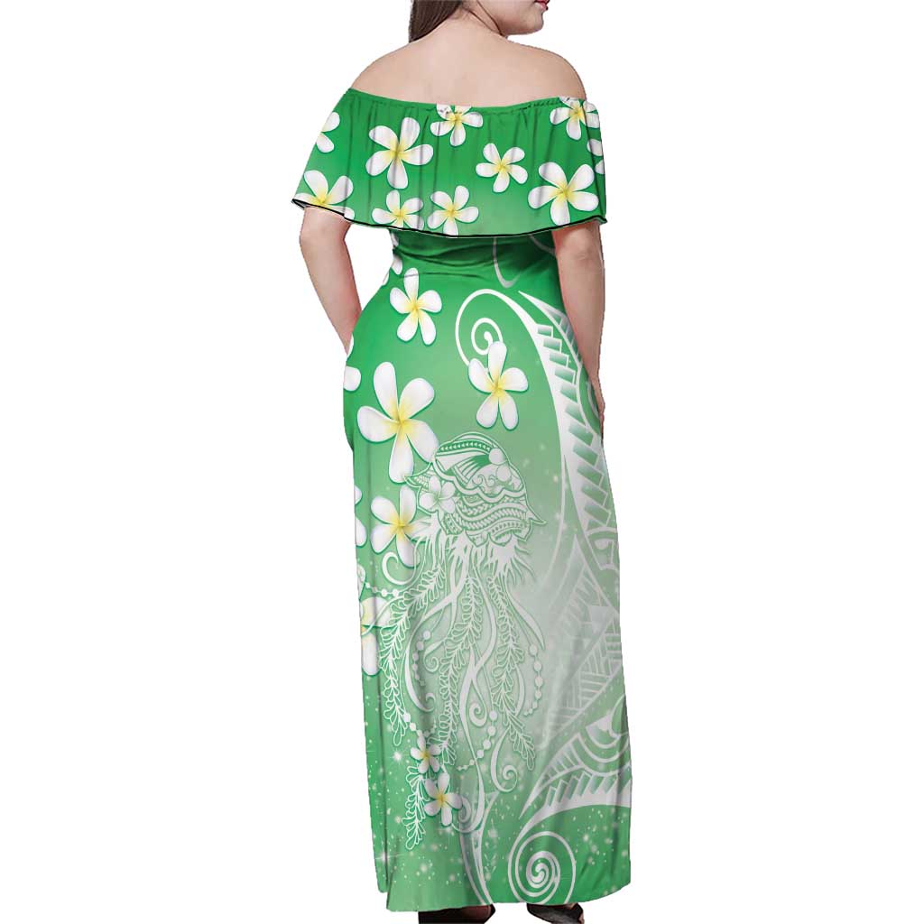 Polynesian Jellyfish Family Matching Off Shoulder Maxi Dress and Hawaiian Shirt With Plumeria Green LT05 - Polynesian Pride