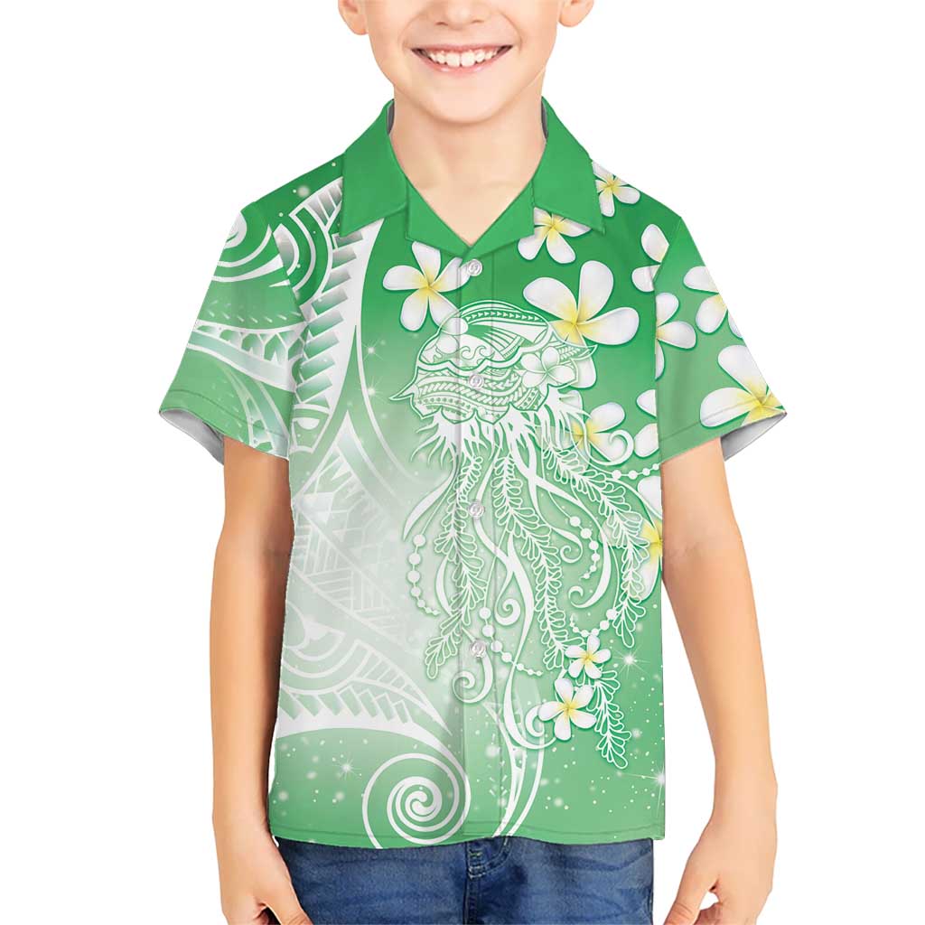 Polynesian Jellyfish Family Matching Off Shoulder Short Dress and Hawaiian Shirt With Plumeria Green LT05 Son's Shirt Green - Polynesian Pride
