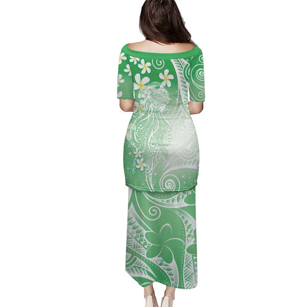 Polynesian Jellyfish Family Matching Puletasi and Hawaiian Shirt With Plumeria Green