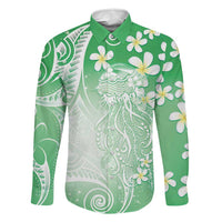Polynesian Jellyfish Family Matching Summer Maxi Dress and Hawaiian Shirt With Plumeria Green LT05 Dad's Shirt - Long Sleeve Green - Polynesian Pride