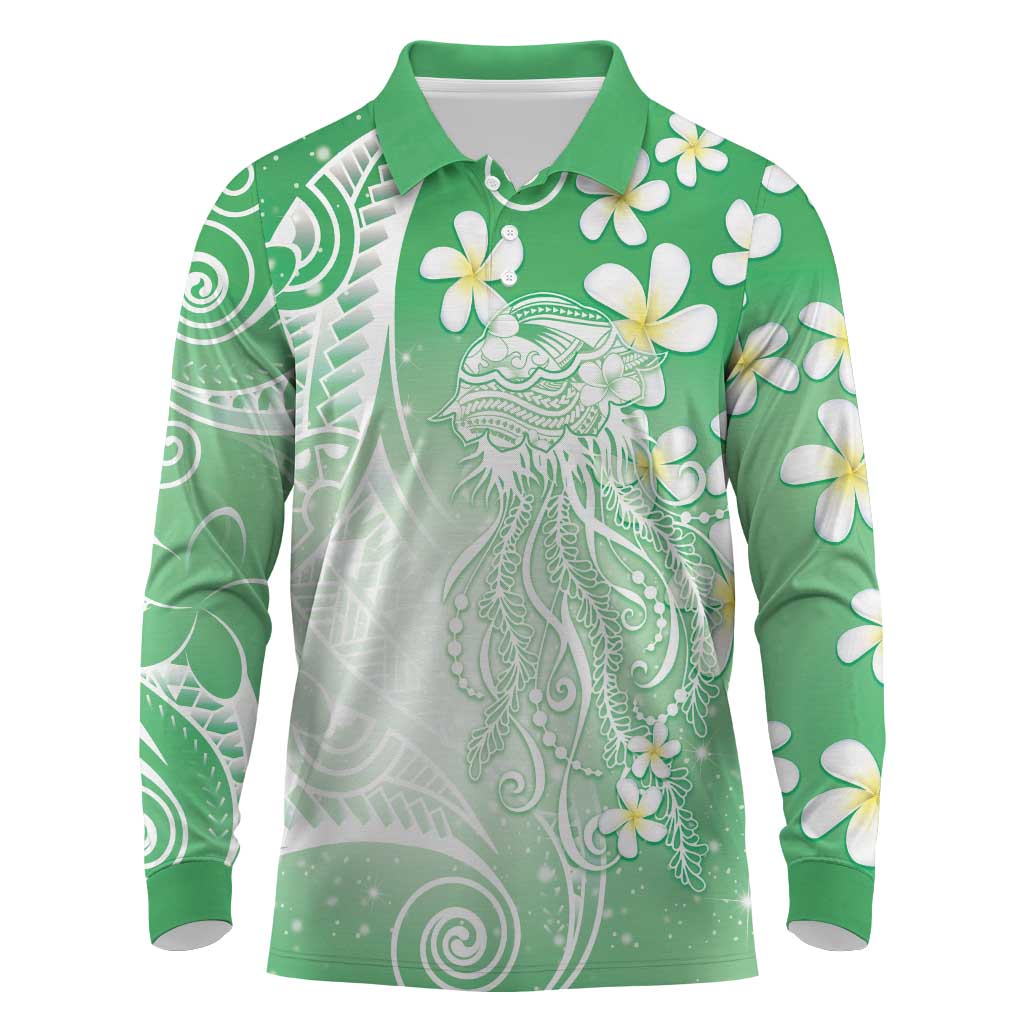 Polynesian Jellyfish Long Sleeve Polo Shirt With Plumeria Green