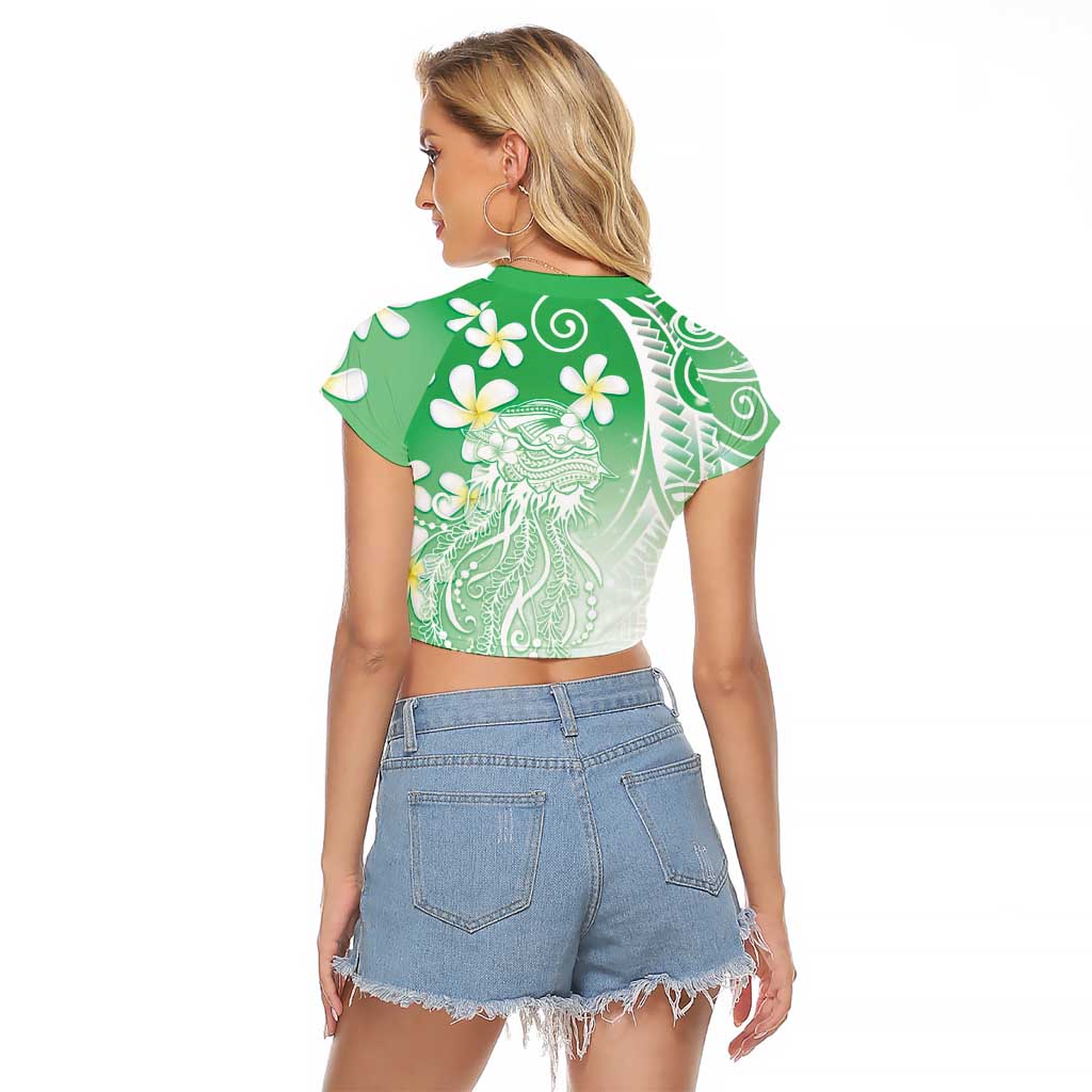 Polynesian Jellyfish Raglan Cropped T Shirt With Plumeria Green