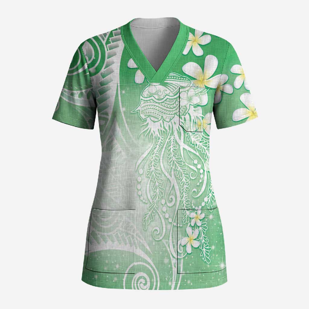 Polynesian Jellyfish Scrub Top With Plumeria Green