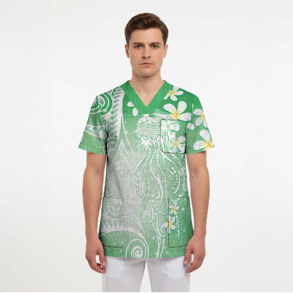 Polynesian Jellyfish Scrub Top With Plumeria Green
