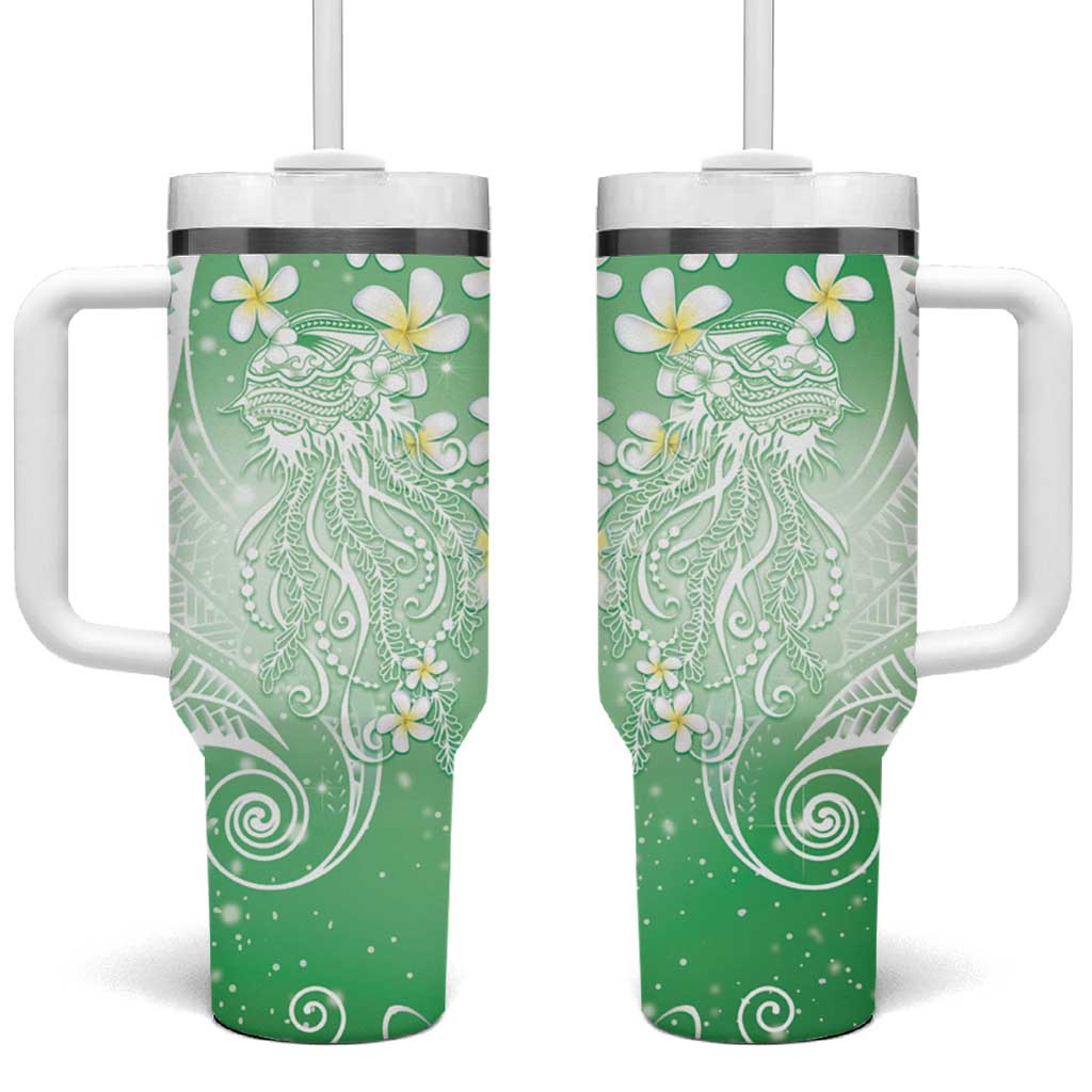 Polynesian Jellyfish Tumbler With Handle With Plumeria Green
