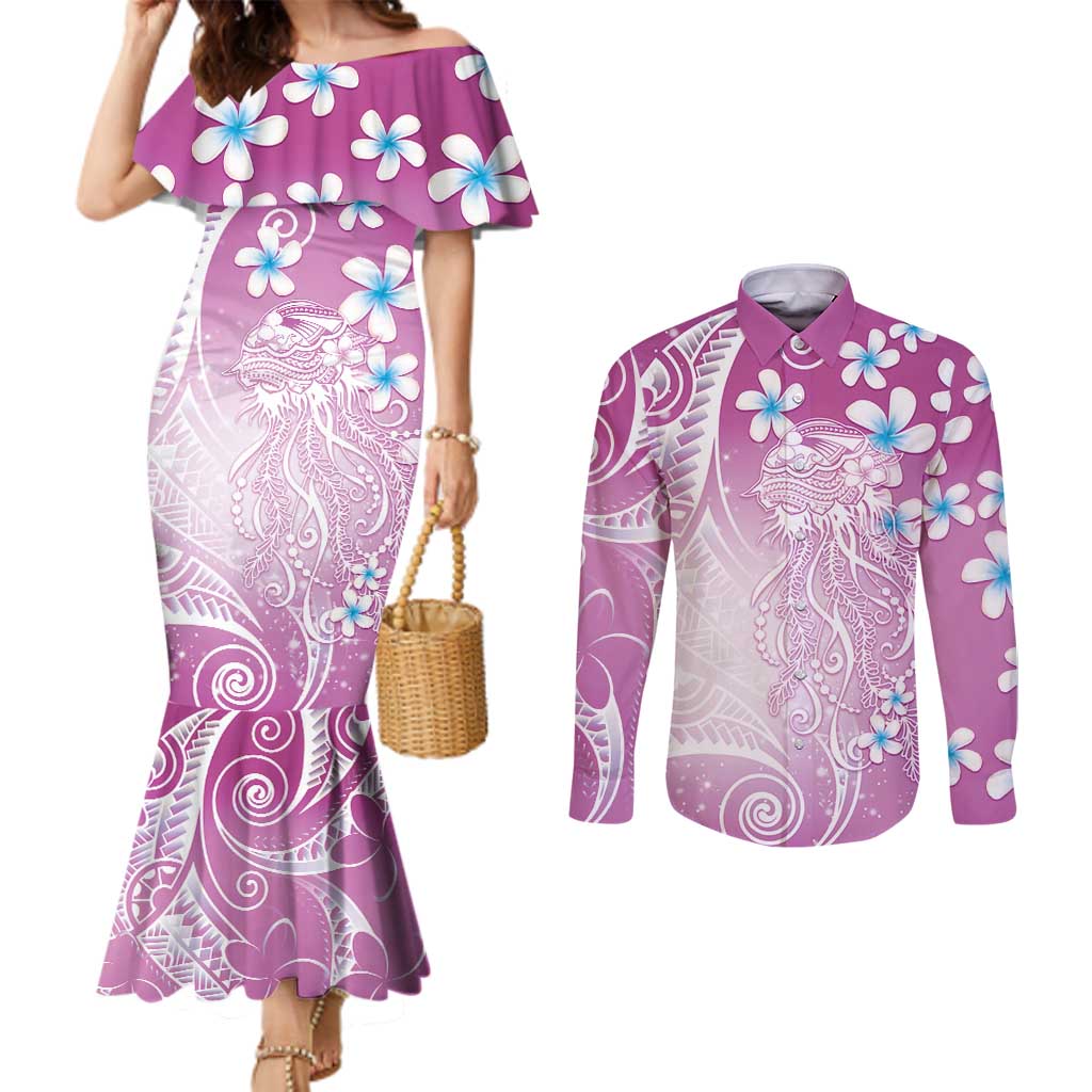 Polynesian Jellyfish Couples Matching Mermaid Dress and Long Sleeve Button Shirt With Plumeria Pink