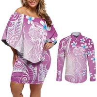 Polynesian Jellyfish Couples Matching Off Shoulder Short Dress and Long Sleeve Button Shirt With Plumeria Pink