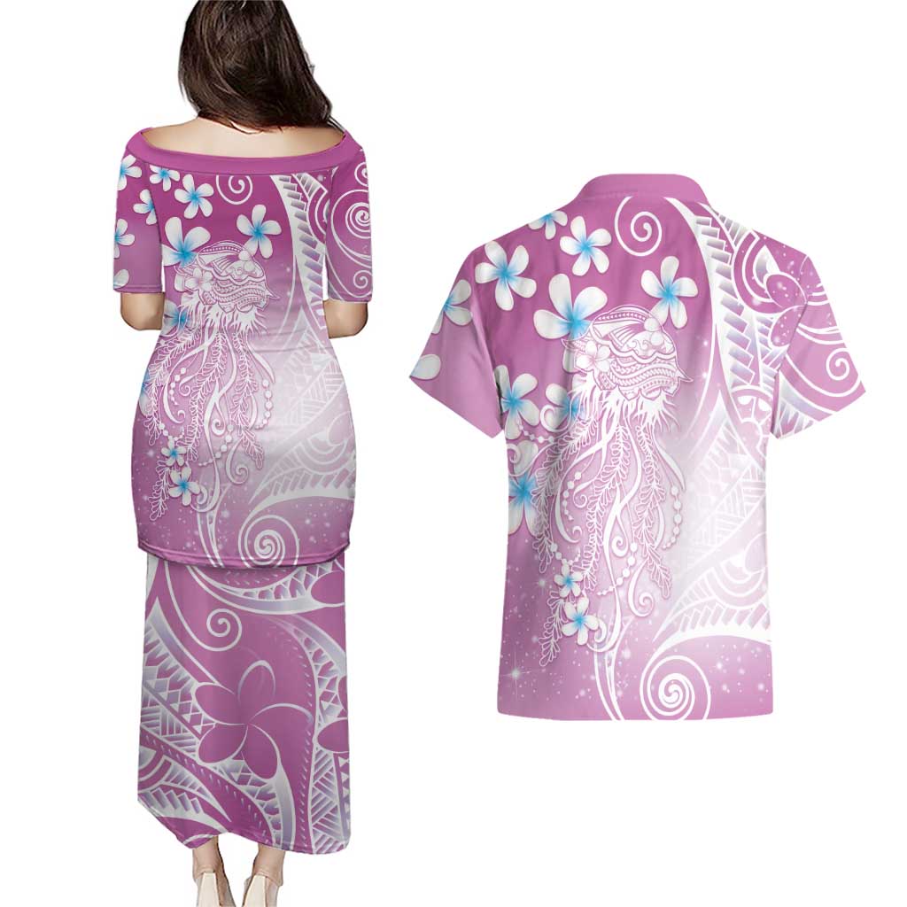 Polynesian Jellyfish Couples Matching Puletasi and Hawaiian Shirt With Plumeria Pink