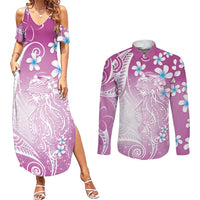 Polynesian Jellyfish Couples Matching Summer Maxi Dress and Long Sleeve Button Shirt With Plumeria Pink