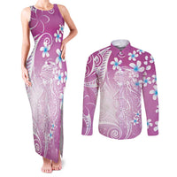 Polynesian Jellyfish Couples Matching Tank Maxi Dress and Long Sleeve Button Shirt With Plumeria Pink