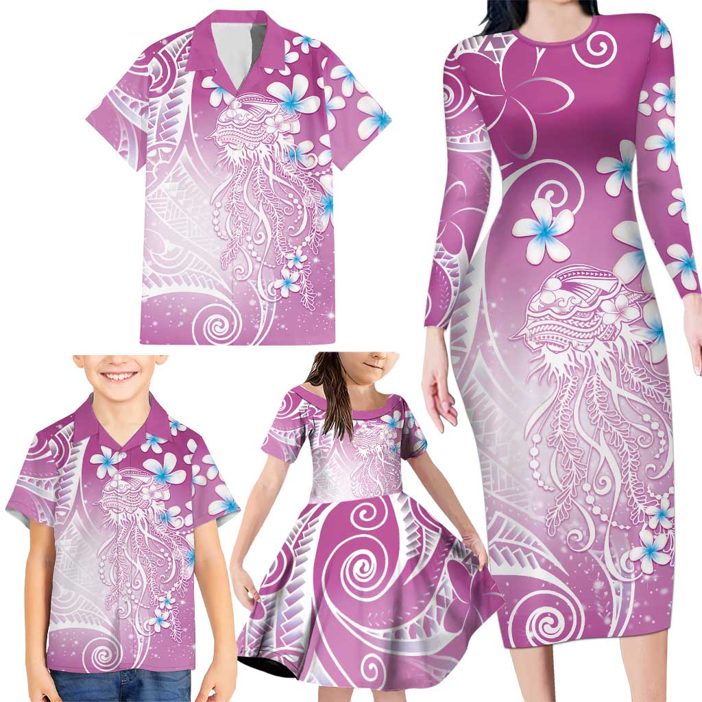 Polynesian Jellyfish Family Matching Long Sleeve Bodycon Dress and Hawaiian Shirt With Plumeria Pink LT05 - Polynesian Pride