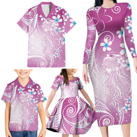 Polynesian Jellyfish Family Matching Long Sleeve Bodycon Dress and Hawaiian Shirt With Plumeria Pink LT05 - Polynesian Pride