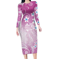 Polynesian Jellyfish Family Matching Long Sleeve Bodycon Dress and Hawaiian Shirt With Plumeria Pink LT05 Mom's Dress Pink - Polynesian Pride