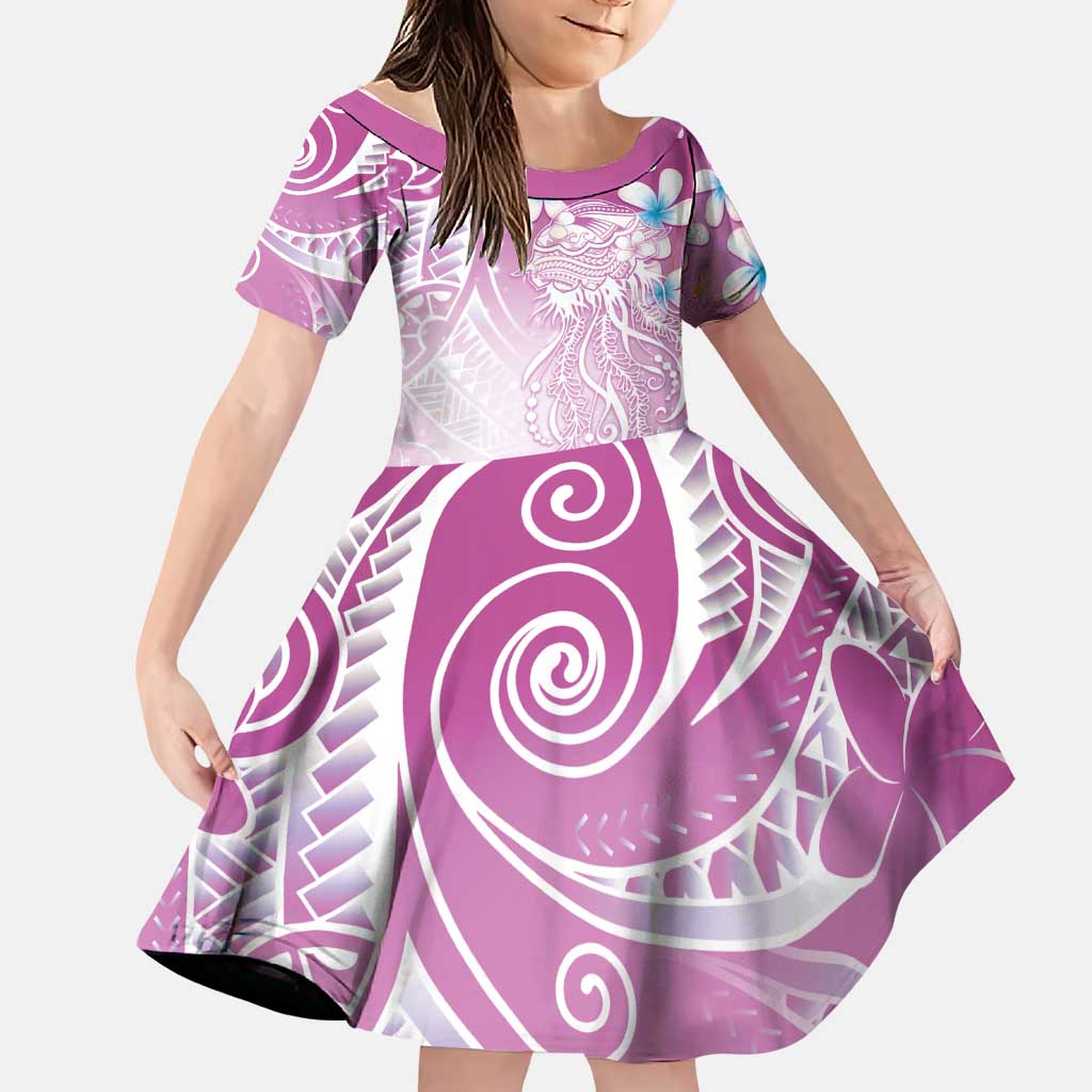 Polynesian Jellyfish Family Matching Off Shoulder Maxi Dress and Hawaiian Shirt With Plumeria Pink LT05 Daughter's Dress Pink - Polynesian Pride
