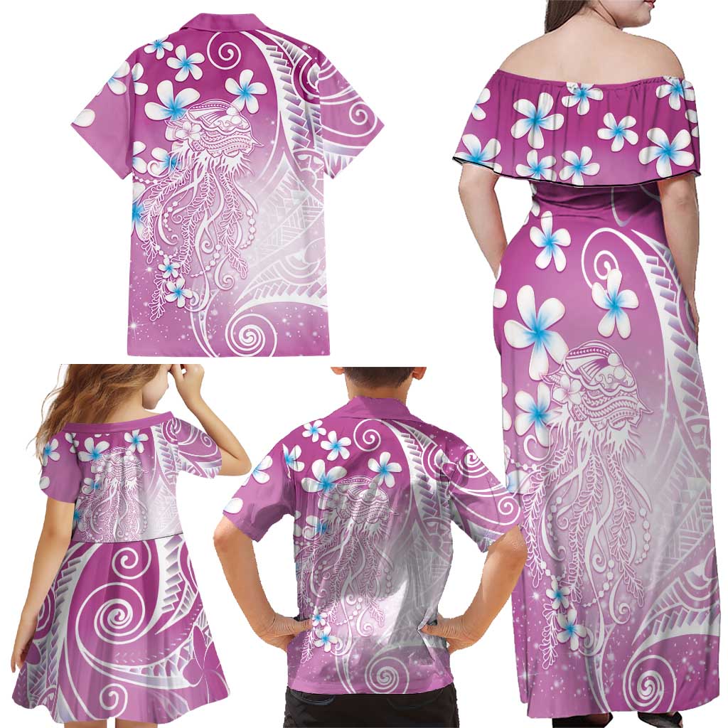 Polynesian Jellyfish Family Matching Off Shoulder Maxi Dress and Hawaiian Shirt With Plumeria Pink LT05 - Polynesian Pride