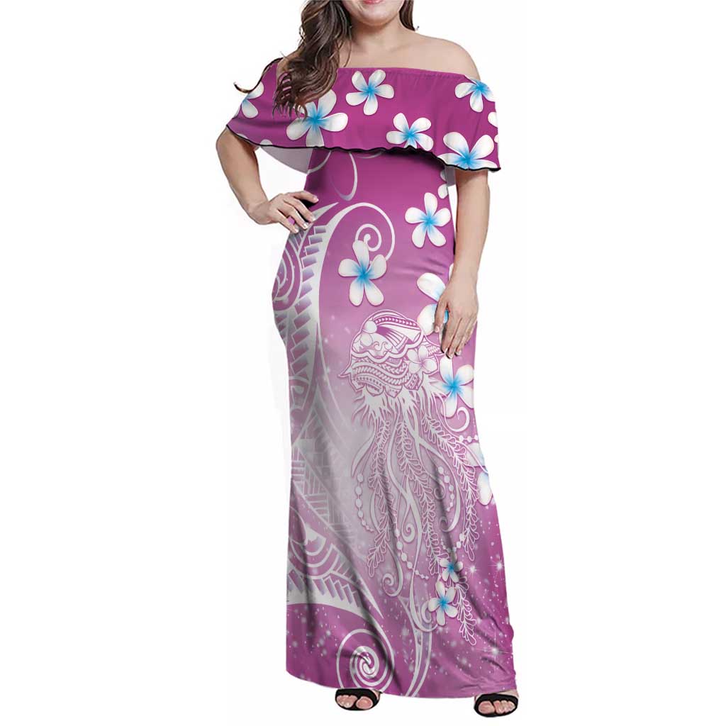 Polynesian Jellyfish Family Matching Off Shoulder Maxi Dress and Hawaiian Shirt With Plumeria Pink LT05 Mom's Dress Pink - Polynesian Pride