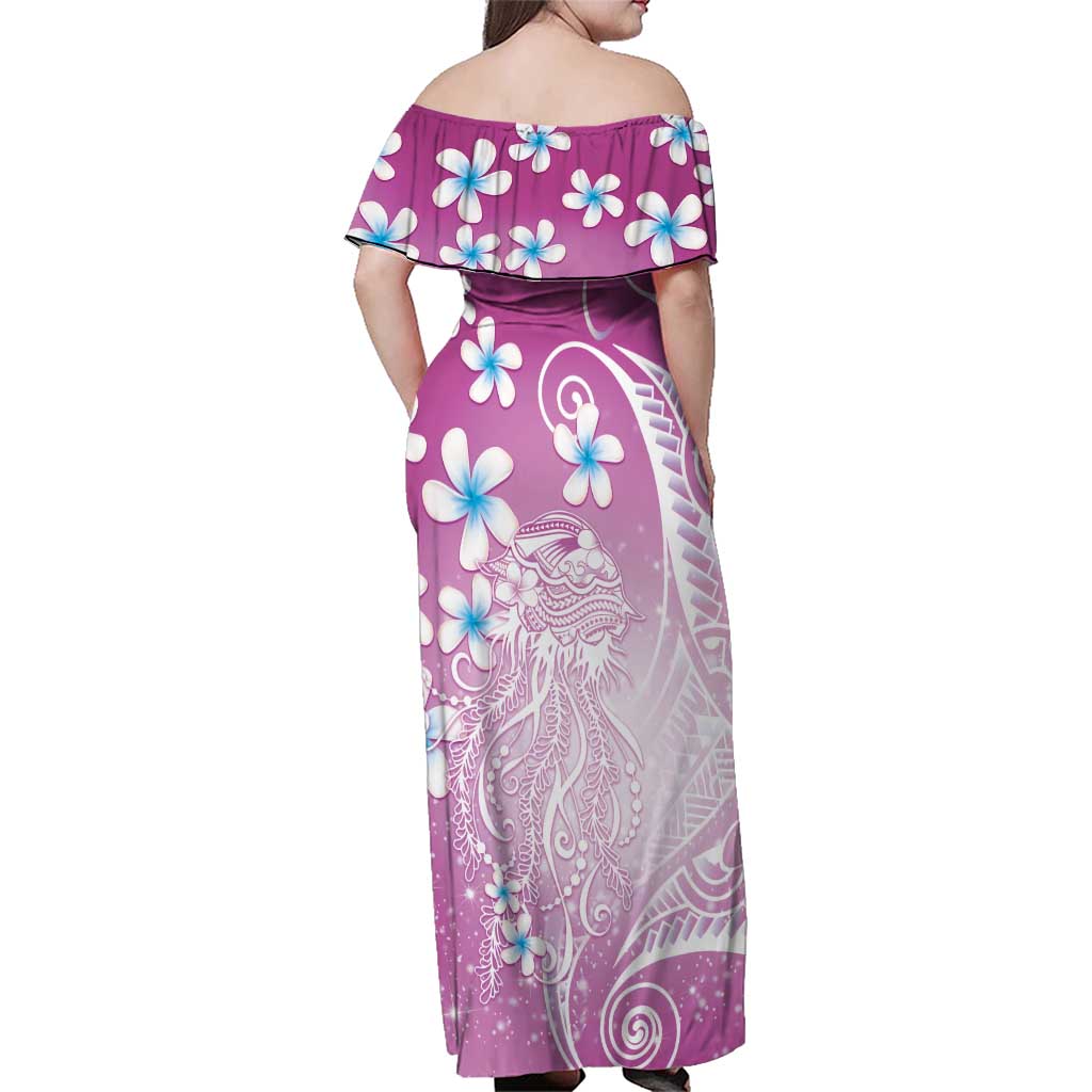 Polynesian Jellyfish Family Matching Off Shoulder Maxi Dress and Hawaiian Shirt With Plumeria Pink LT05 - Polynesian Pride