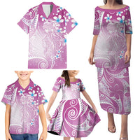 Polynesian Jellyfish Family Matching Puletasi and Hawaiian Shirt With Plumeria Pink