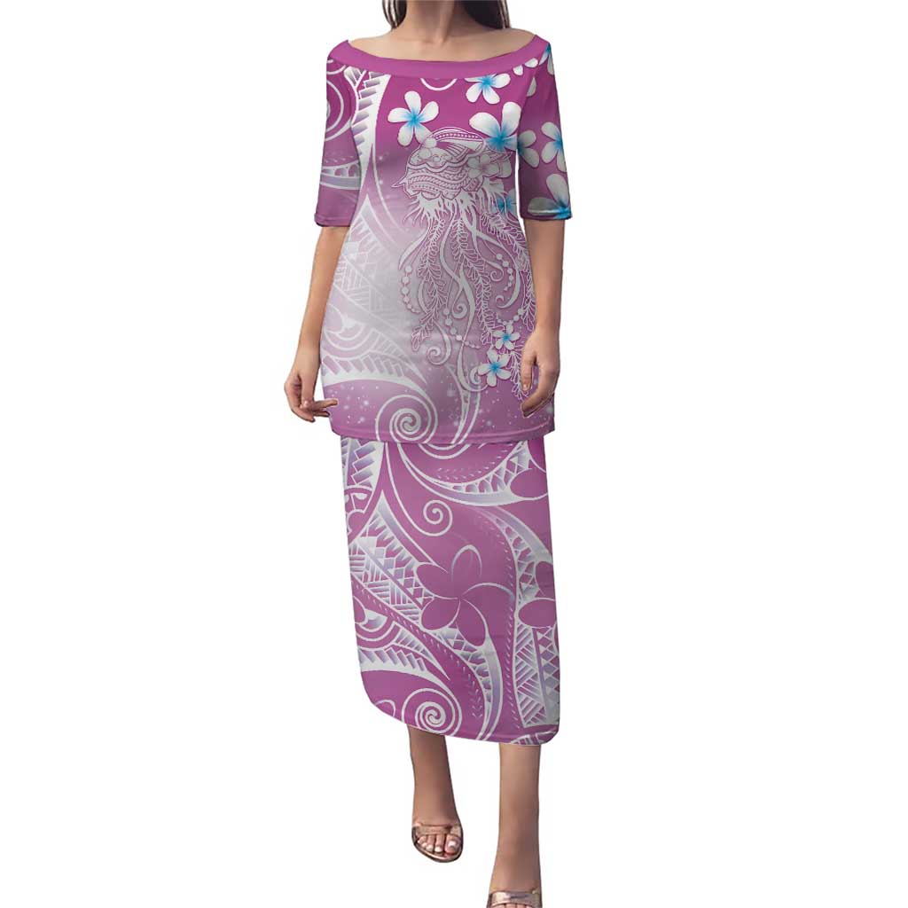 Polynesian Jellyfish Family Matching Puletasi and Hawaiian Shirt With Plumeria Pink