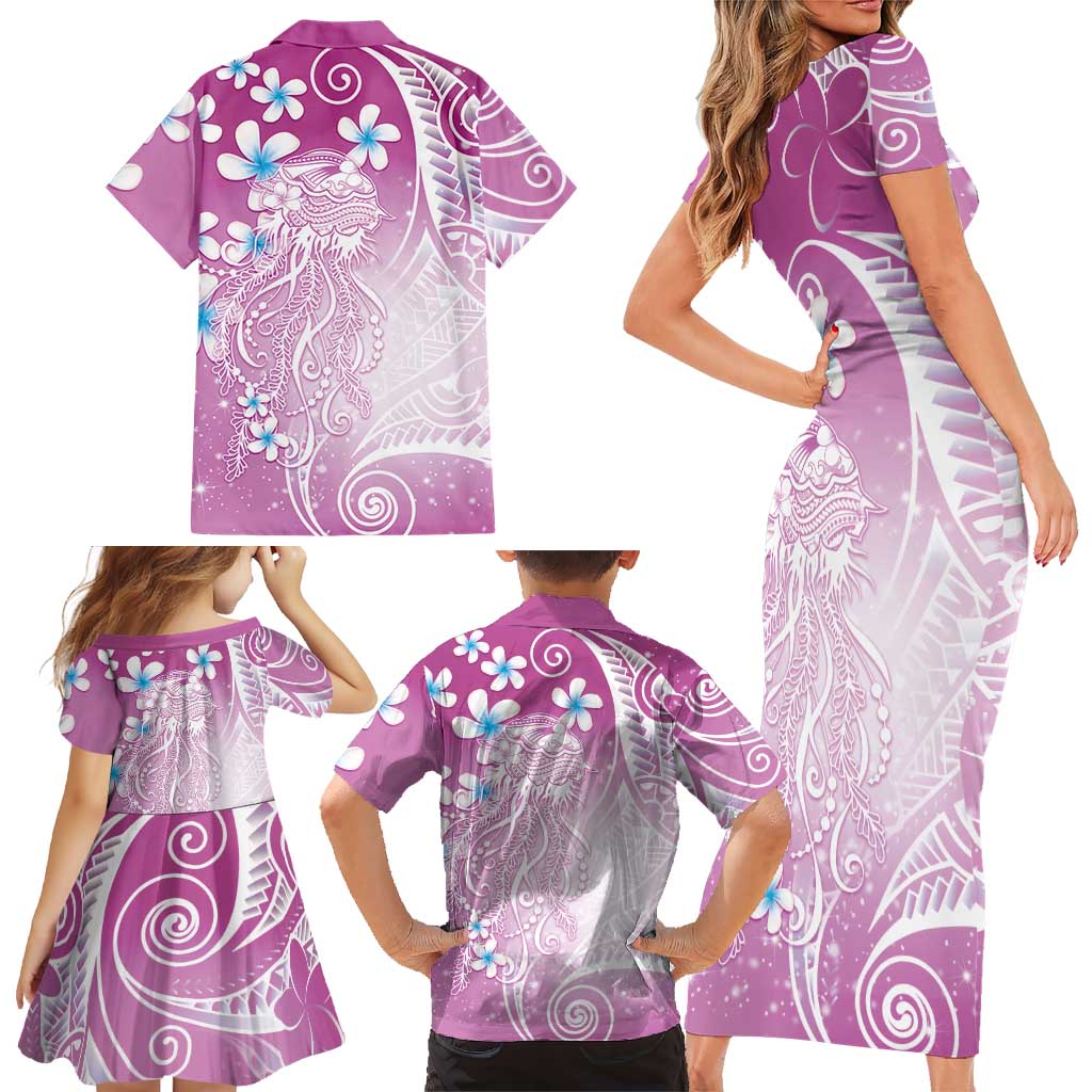 Polynesian Jellyfish Family Matching Short Sleeve Bodycon Dress and Hawaiian Shirt With Plumeria Pink LT05 - Polynesian Pride